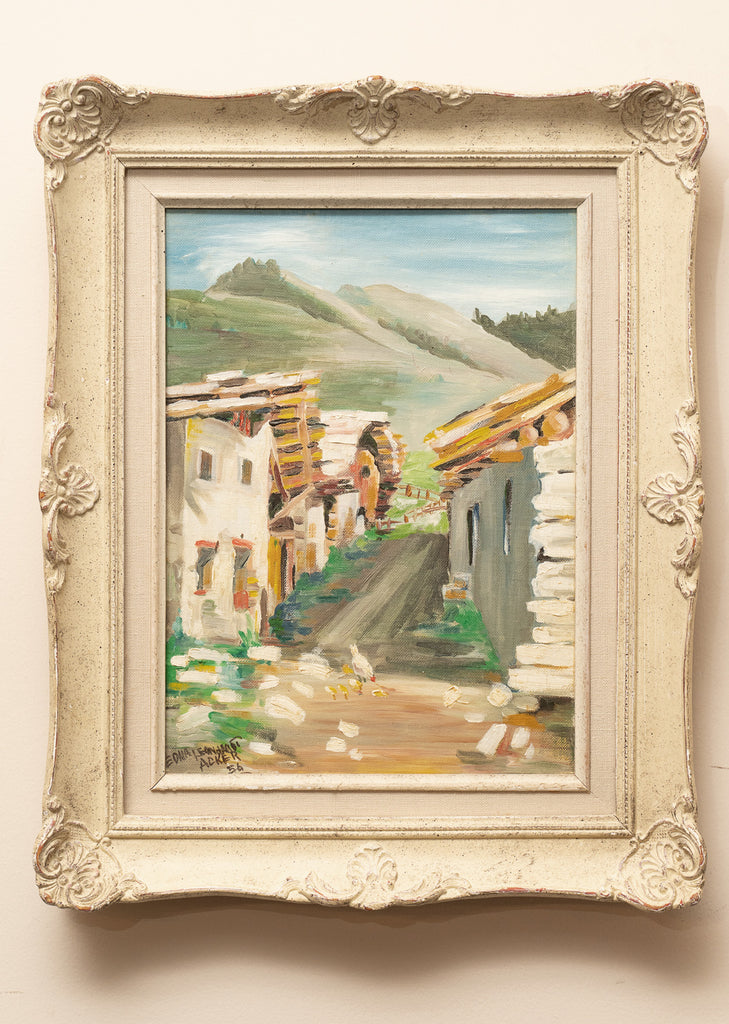 Vintage Landscape Oil Painting – Mountain Village Scene (1956)
